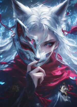 Fox Mask Enigma: A Mystical Anime Art Print - Premium Wooden Framed Poster. Ready to Hang.
