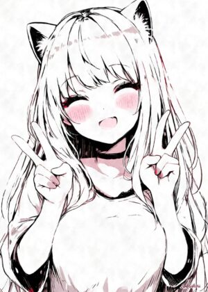 Kawaii Nekomimi Girl Peace Sign Artwork - Premium Wooden Framed Poster. Ready to Hang.