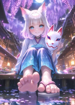 Fox Girl Moonlit Garden: Anime Art Print - Premium Wooden Framed Poster. Ready to Hang.