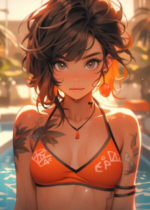 Sunlit Tattooed Swimmer: Anime Girl Artwork - Premium Wooden Framed Poster. Ready to Hang.