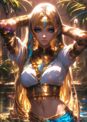 Golden Egyptian Goddess: Digital Fantasy Art Print - Premium Wooden Framed Poster. Ready to Hang.