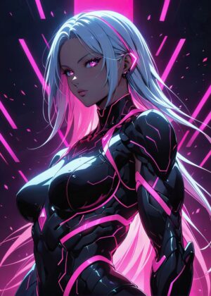 Pink Neon Cyborg Girl Art Print - Premium Wooden Framed Poster. Ready to Hang.
