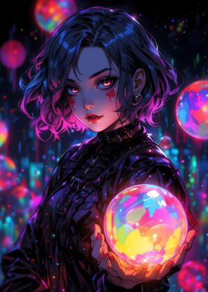 Neon Dreams: Cyberpunk Anime Girl Art Print - Premium Wooden Framed Poster. Ready to Hang.