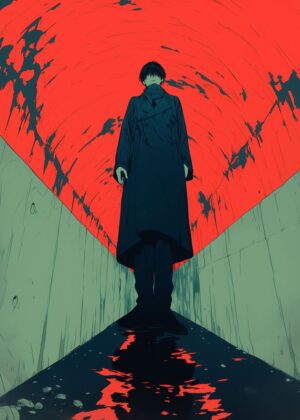 Crimson Alleyway: A Mysterious Figure in Urban Darkness - Premium Wooden Framed Poster. Ready to Hang.