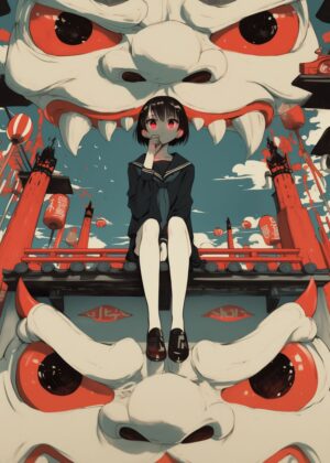 Oni Mask and Schoolgirl: A Surreal Japanese Artwork - Premium Wooden Framed Poster. Ready to Hang.