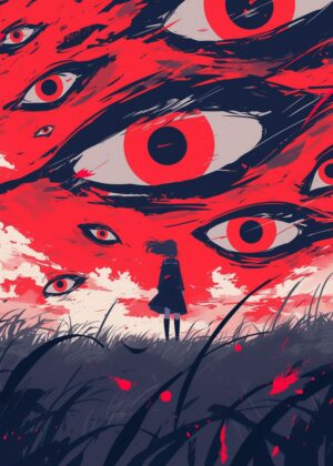 Crimson Gaze: A Surreal Digital Artwork - Premium Wooden Framed Poster. Ready to Hang.