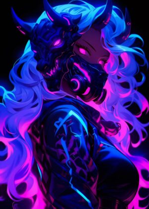Cybergoth Anime Demon Girl: Neon Dreams - Premium Wooden Framed Poster. Ready to Hang.