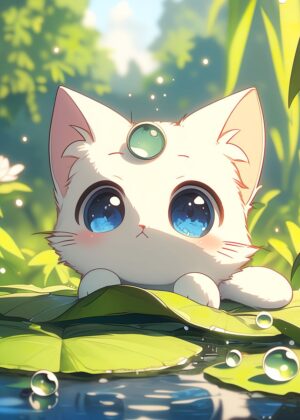 Adorable Anime Kitten on a Lily Pad - Premium Wooden Framed Poster. Ready to Hang.