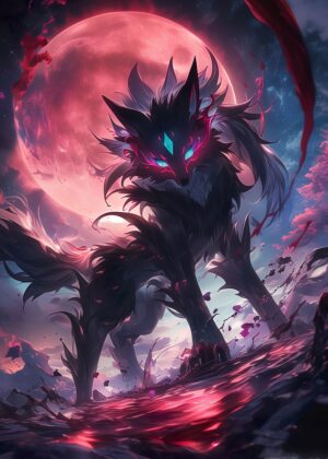 Crimson Moon Howl: Anime Bloodmoon Wolf Art Print - Premium Wooden Framed Poster. Ready to Hang.