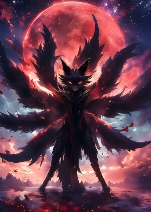 Bloodmoon Kitsune: Dark Fantasy Art Print - Premium Wooden Framed Poster. Ready to Hang.
