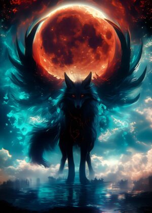 Misty Bloodmoon Kitsune: Fantasy Art Print - Premium Wooden Framed Poster. Ready to Hang.