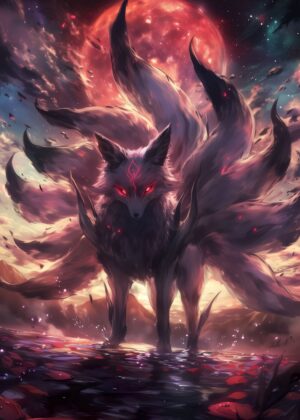 Black Kitsune Fox Under the Blood Moon - Premium Wooden Framed Poster. Ready to Hang.