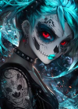 Cyberpunk Sugar Skull Anime Girl Art Print - Premium Wooden Framed Poster. Ready to Hang.