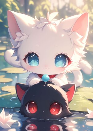 Adorable Anime Kittens by the Water - Premium Wooden Framed Poster. Ready to Hang.