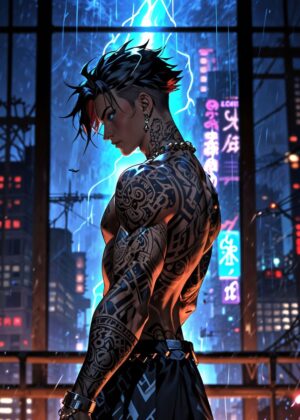 Cyberpunk Rain: Digital Emergence - Premium Wooden Framed Poster. Ready to Hang.