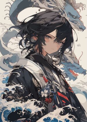 Anime Art Print: Mysterious Figure with Dragons and Waves - Premium Wooden Framed Poster. Ready to Hang.