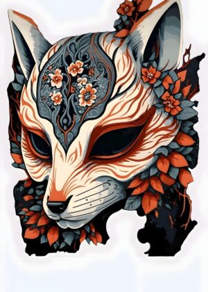 Premium Japanese Kitsune Mask Art Print - Premium Wooden Framed Poster. Ready to Hang.