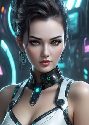 Cyberpunk Elegance: A Digital Art Print - Premium Wooden Framed Poster. Ready to Hang.