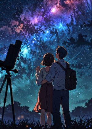Shared Wonder Under the Starry Sky - Premium Wooden Framed Poster. Ready to Hang.