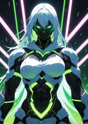 Cyberpunk Green-Eyed Female Cyborg Art Print - Premium Wooden Framed Poster. Ready to Hang.