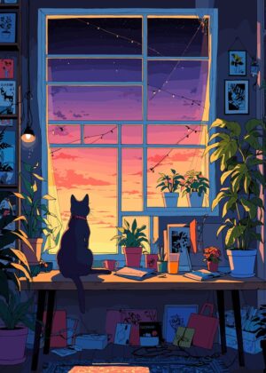 Sunset Silhouette: A Cozy Cat by the Window - Premium Wooden Framed Poster. Ready to Hang.