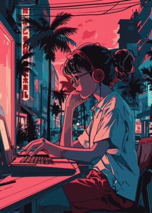 Cyberpunk Sunset: Anime Girl Artwork - Premium Wooden Framed Poster. Ready to Hang.