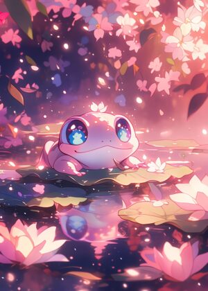 Anime Frog in Sakura Bloom - Premium Wooden Framed Poster. Ready to Hang.