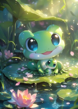 Adorable Frog Family in a Serene Pond Anime Art Print - Premium Wooden Framed Poster. Ready to Hang.
