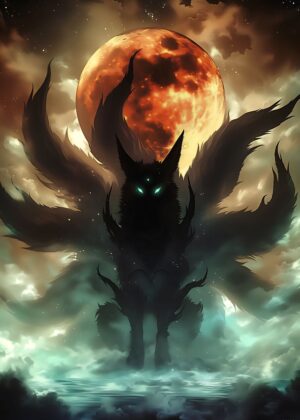 Mystical Nine-Tailed Fox Artwork: Blue Smoke and Crimson Moon - Premium Wooden Framed Poster. Ready to Hang.