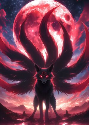 Red and Black Kitsune Fox Art Print - Premium Wooden Framed Poster. Ready to Hang.