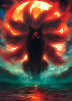 Mystical Nine-Tailed Fox Artwork: Fiery Sunset Embrace - Premium Wooden Framed Poster. Ready to Hang.