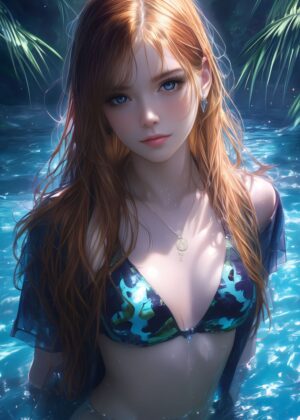 Enigmatic Pool Beauty: A Captivating Digital Art Print - Premium Wooden Framed Poster. Ready to Hang.