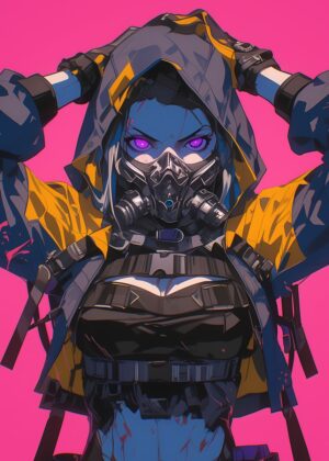 Cyberpunk Masked Warrior: Digital Art Print - Premium Wooden Framed Poster. Ready to Hang.
