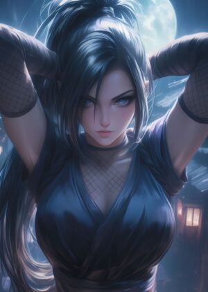 Moonlit Kunoichi: Digital Art Print - Premium Wooden Framed Poster. Ready to Hang.