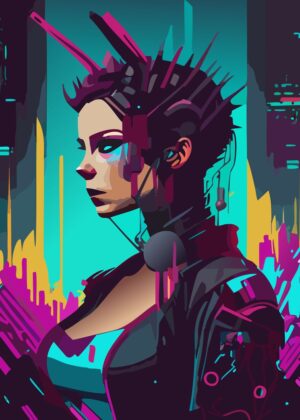 Cyberpunk Girl: Neon Dreams - Premium Wooden Framed Poster. Ready to Hang.