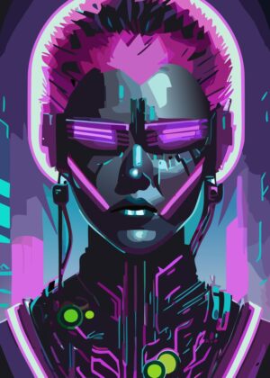 Neon Cyberpunk Female Portrait: Digital Art Print - Premium Wooden Framed Poster. Ready to Hang.