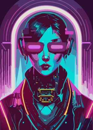 Neon Cyberpunk Girl: Digital Art Print - Premium Wooden Framed Poster. Ready to Hang.