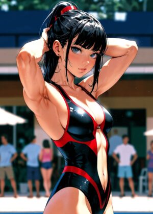 Anime Girl in Summer Swimsuit - Premium Wooden Framed Poster. Ready to Hang.