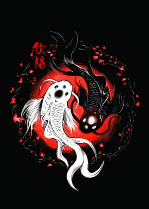 Yin and Yang Koi Fish Art Print - Premium Wooden Framed Poster. Ready to Hang.