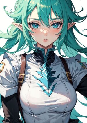 Anime Elf Girl: Vibrant Green Hair and Stunning Eyes - Premium Wooden Framed Poster. Ready to Hang.