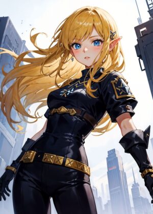 Anime Elf Girl: Striking Pose in Urban Setting - Premium Wooden Framed Poster. Ready to Hang.