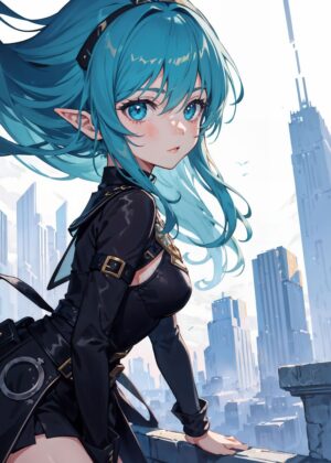 Anime Elf Girl in Futuristic Cityscape - Premium Wooden Framed Poster. Ready to Hang.