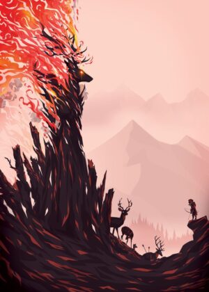 Wrath of the Burning Stag: A Fiery Fantasy Art Print - Premium Wooden Framed Poster. Ready to Hang.