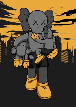 Kaws Inspired Urban Artwork: Fatherhood and Cityscapes - Premium Wooden Framed Poster. Ready to Hang.
