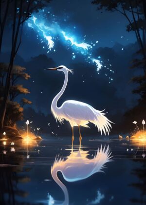Mystical Crane: A Dreamlike Vision of Serenity - Premium Wooden Framed Poster. Ready to Hang.