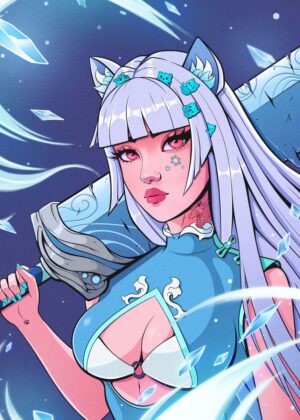 Ice Queen Warrior: Anime Art Print - Premium Wooden Framed Poster. Ready to Hang.