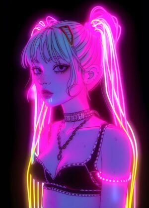 Neon Babe: Cyberpunk Girl Art Print - Premium Wooden Framed Poster. Ready to Hang.