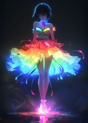 Neon Rainbow Anime Girl Art Print - Premium Wooden Framed Poster. Ready to Hang.