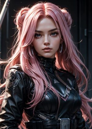 Cyberpunk Girl with Pink Hair: High-Resolution Digital Art Print - Premium Wooden Framed Poster. Ready to Hang.