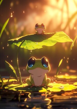 Adorable Anime Frog Artwork: Rain Day Serenity - Premium Wooden Framed Poster. Ready to Hang.